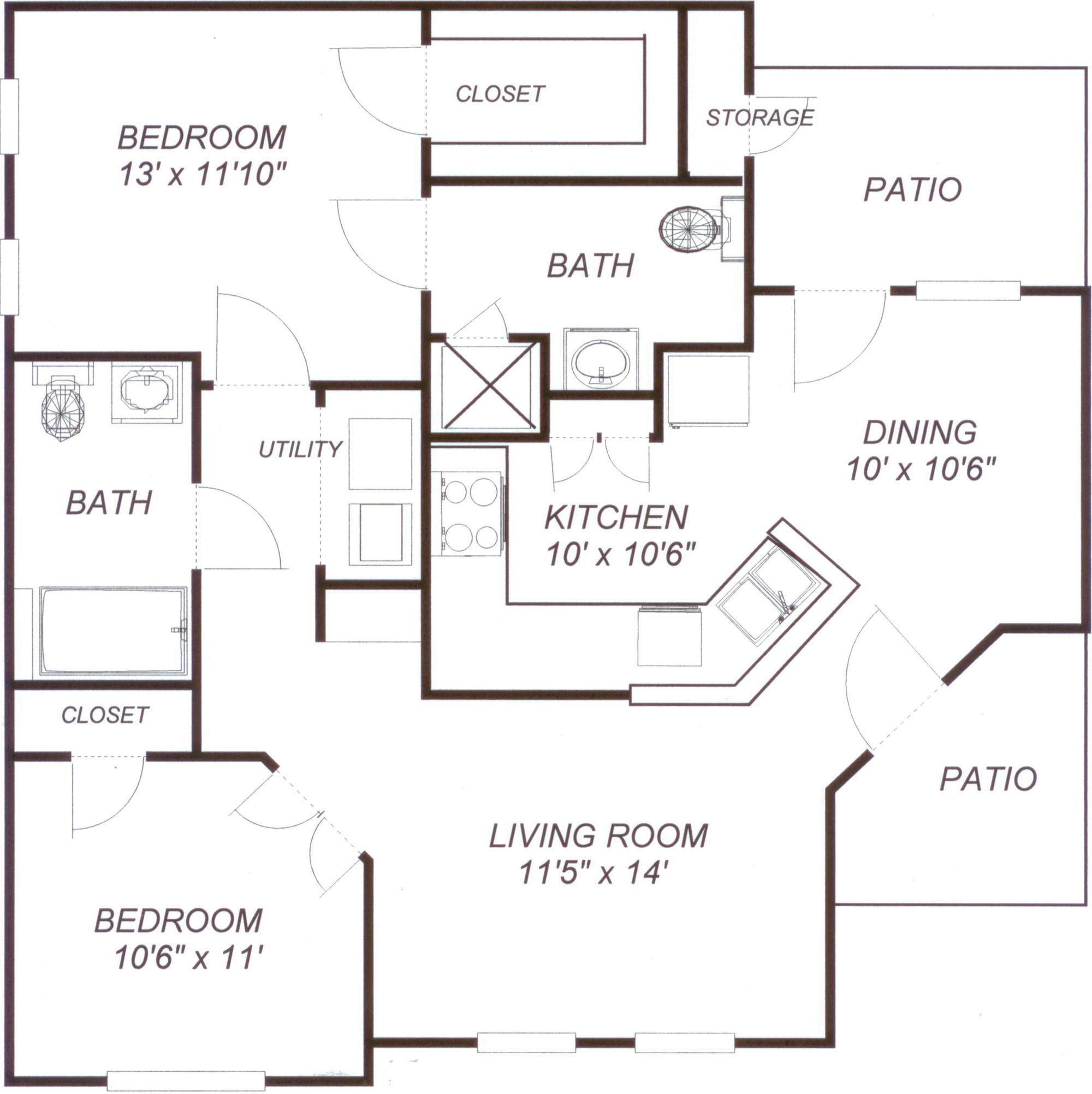Floor plan for 2 beds, 2 baths, 1017 sqft